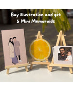Digital illustration with 5 Mini Memoroids and wooden stand